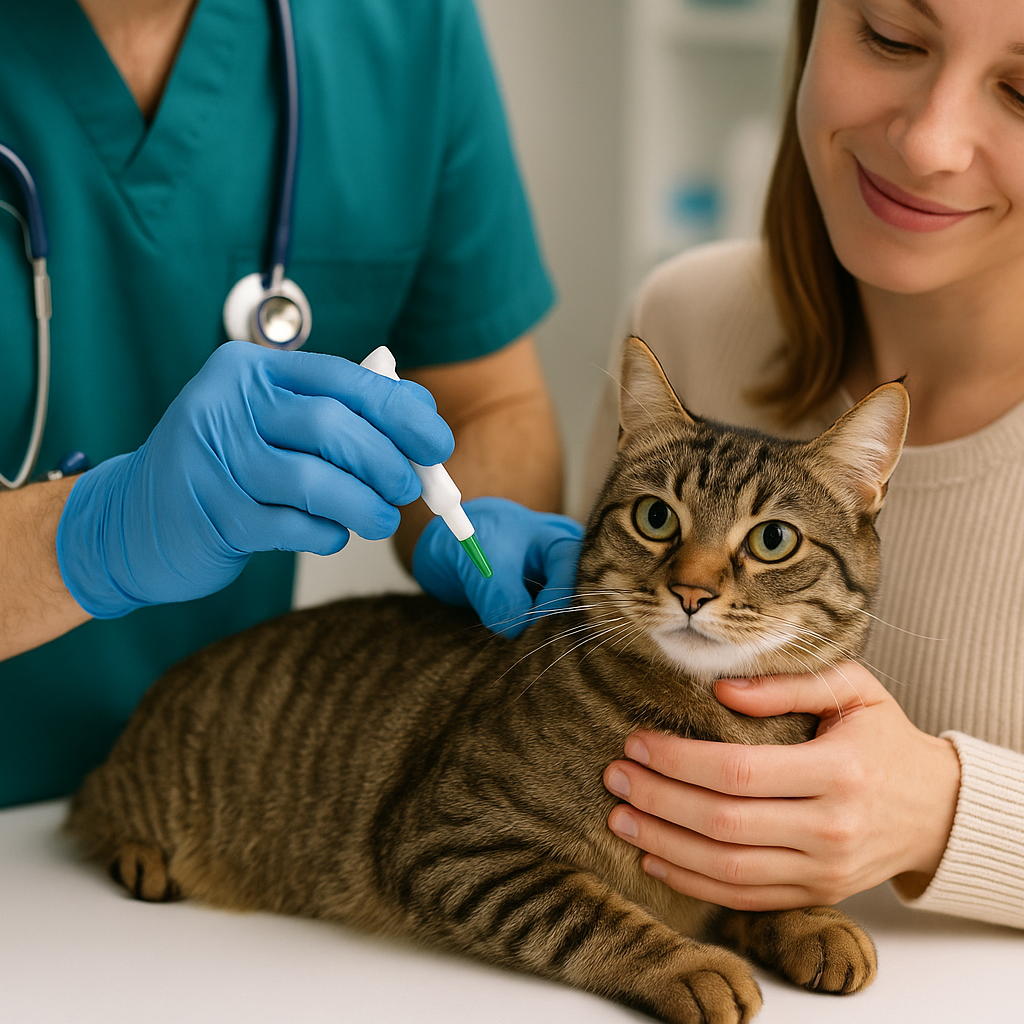 Veterinario aplicando la importacia de la desparacitación a un gato mientras el dueño lo sostiene amorosamente
