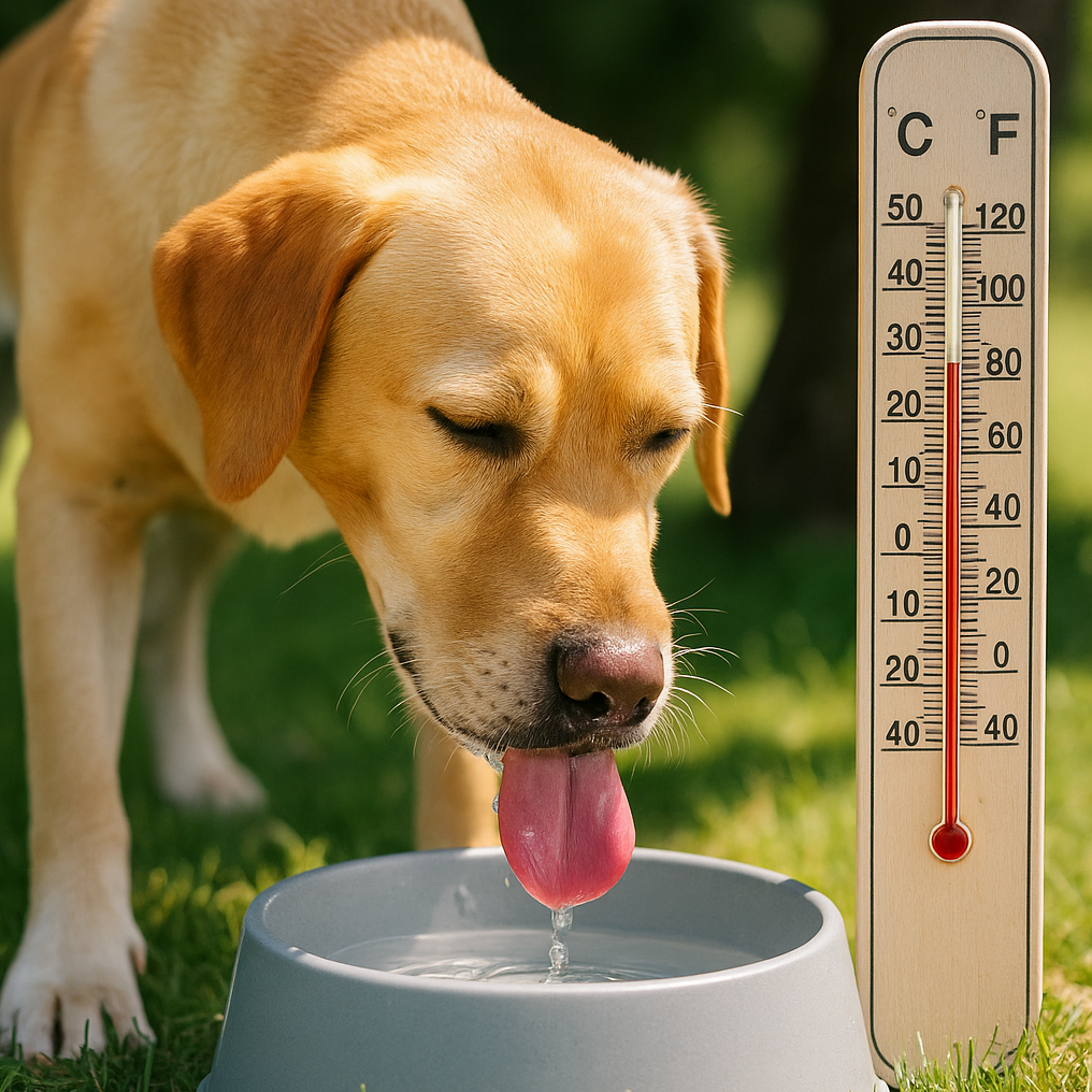 : Perro bebiendo agua bajo sombra con termómetro marcando alta temperatura