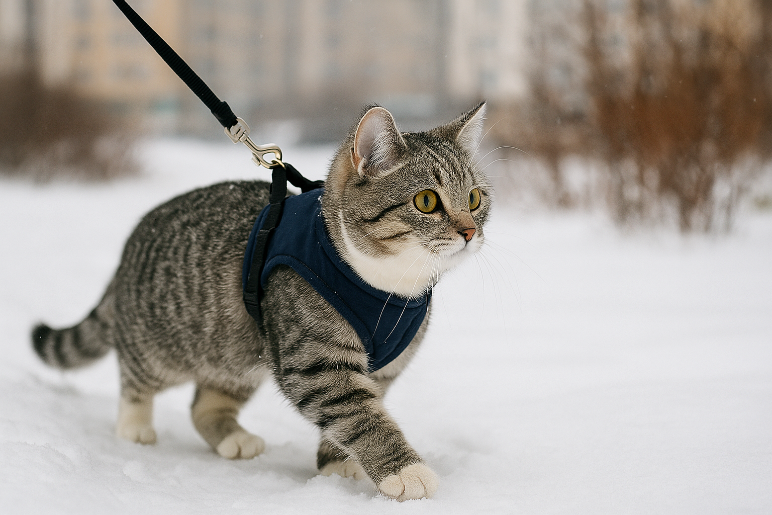 Gato con arnés caminando sobre nieve durante un paseo seguro en invierno.